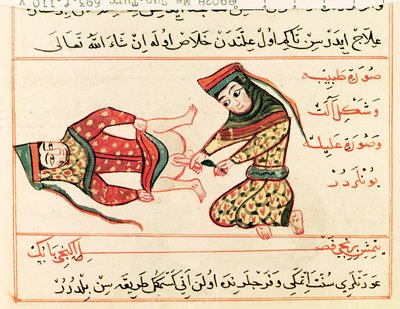 Ms Sup Turc 693 fol.110v Ostetrica che opera su un ermafrodito, 1466 da Charaf ed Din